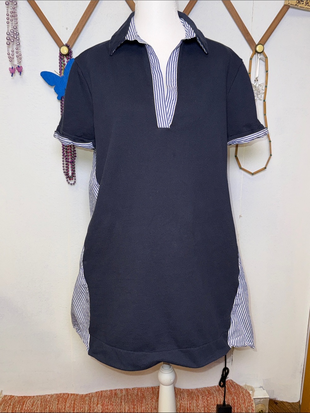 Max & Co. Navy Short-Sleeve Striped-Trim Tunic Dress